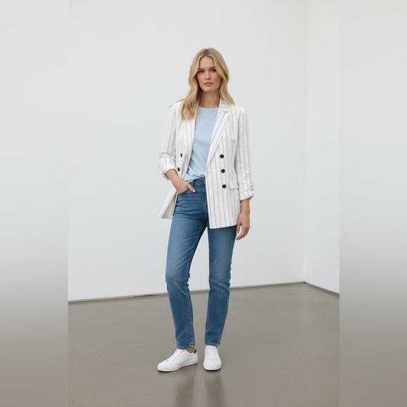 J.Jill Jackets & Blazers - J.Jill Linen Stretch Double Breasted Blazer Pink Stripe XS